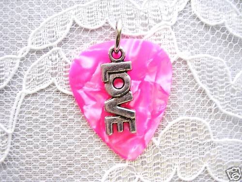HOT PINK GIRL ROCKER GUITAR PICK LOVE LO V E CHARM PENDANT NECKLACE