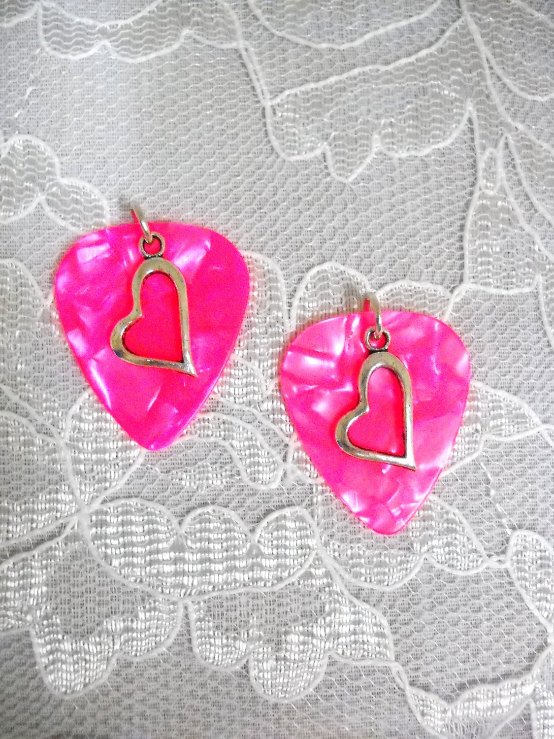 HOT PINK GUITAR PICKS w SHAPED SWEETHEART HEART CHARM EARRINGS