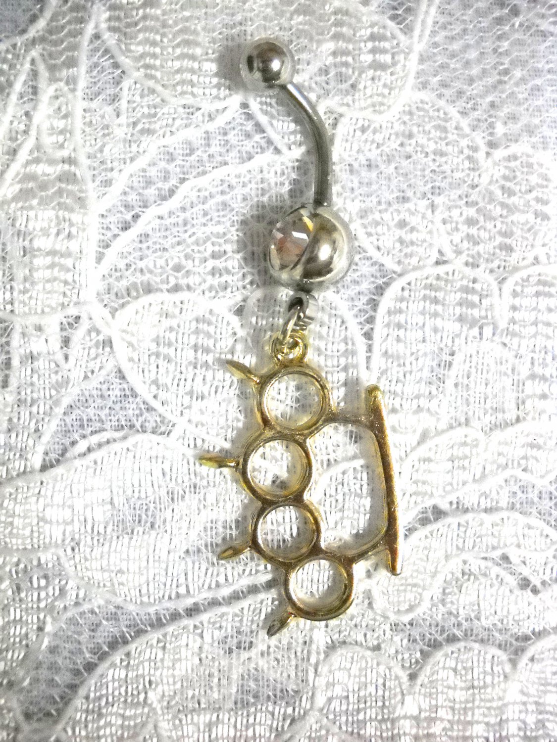 GOLD PLATED SPIKE BRASS KNUCKLES DUSTER CHARM ON CLEAR CZ BELLY BUTTON RING