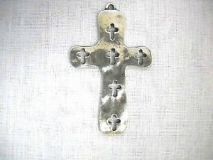 RELIGIOUS CROSS w 6 CUT OUT SILLOUETTE SPACES PEWTER PENDANT ADJ CORD NECKLACE
