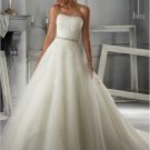 Style Strapless Alencon Lace on a Tulle Wedding Gown with Beaded Organza Sash