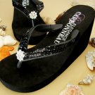 Black High Wedge Bridal Flip Flops with Sequins & Crystals