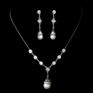 Ravishing Silver Clear Crystal & White Pearl Drop Necklace & Earring Set 3225