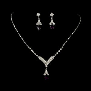 Silver Dark Amethyst Crystal Drop Jewelry Set NE 344