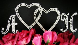 Swarovski Crystal Monogram Double Heart Wedding Cake Topper Set
