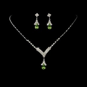 Silver Peridot Green Crystal Drop Jewelry Set NE 344