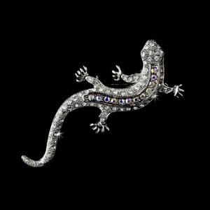 Antique Silver Clear Aurora Borealis Rhinestone Lizard Brooch 100