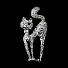 Antique Silver Clear Rhinestone Cat w/ Green Eyes Brooch 101