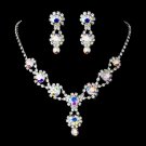 Silver Necklace & Earring Set with Aurora Borealis Crystals and Clear Rhinestones 4362