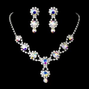 Silver Necklace & Earring Set with Aurora Borealis Crystals and Clear Rhinestones 4362