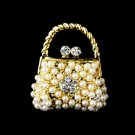 Gold Ivory Clear Crystal Purse Pin Brooch 76