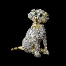 Gold Trimmed Silver Clear Crystal Dog Pin w/ Green Crystal Eyes Brooch 98