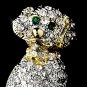 Gold Trimmed Silver Clear Crystal Dog Pin w/ Green Crystal Eyes Brooch 98