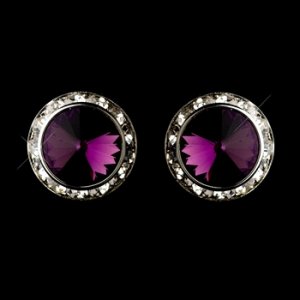 Silver Clear and Amethyst Center Stone Clip On Rhinestone Earring E 4722