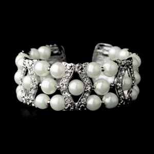 Silver Clear & White Coil Cuff Pearl Bracelet 2519