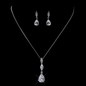 Silver Clear CZ Necklace & Dangle Earring Set 8606