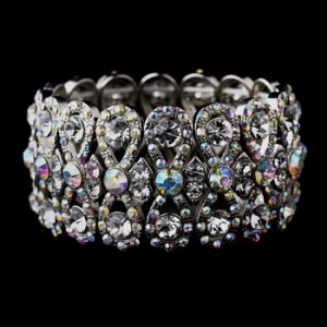 Glitzy Antique Silver Bowtie Stretch Bracelet w/ Clear & Aurora Borealis Crystals 8699