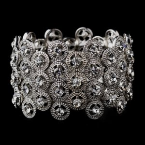 Striking Antique Silver Stretch Cuff Bracelet w/ Clear Crystals 8704