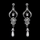 Lovely Antique Silver Chandelier Earrings w/ Clear Rhinestones & White Pearls 1065