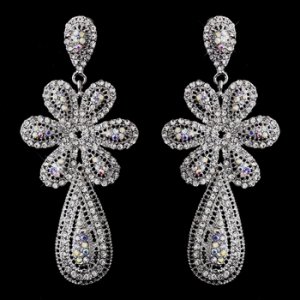 Charming Silver Clear & AB Crystal Flower Dangle Earrings 8587
