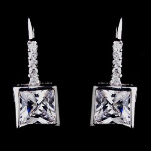 Gorgeous Silver Clear Princess Cut CZ Earrings 8630