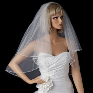 Double Layer Elbow Length Veil with Beaded Pearl Edge in White or Ivory 113 E Also Fingertip Length