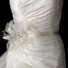 Belt with Silver Clear Rhinestones & Ivory Pearls Feather Fascinator Comb 5552