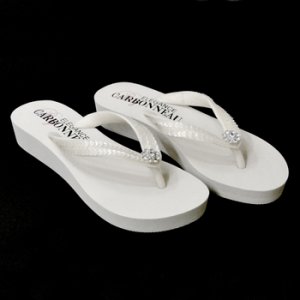 Summer ~ Low Heel White Wedge Flip Flops with Sequins & Swarovski Crystals