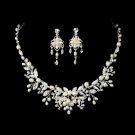 Delightful Silver Clear Crystal & Freshwater Pearl Floral Necklace & Earring Set 6206