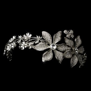 Whimsical Antique Silver Side Accented Flower & Butterfly Headpiece 9944