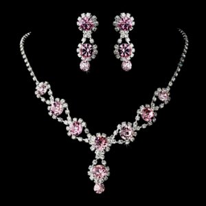Silver Necklace & Earring Set with Light Rose Crystals and Clear Rhinestones 4362