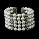 Antique Silver 5 Row White Pearl & Rhinestone Cuff Bridal Bracelet 722