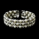 Antique Silver Diamond White 3 Row Pearl & Rhinestone Cuff Bridal Bracelet 723