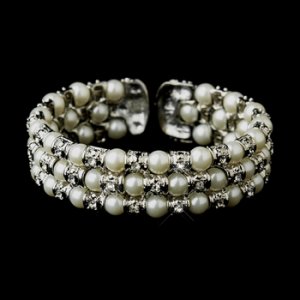 Antique Silver Diamond White 3 Row Pearl & Rhinestone Cuff Bridal Bracelet 723