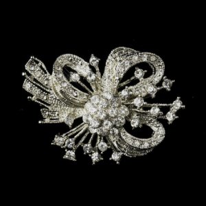 Antique Silver Clear Rhinestone Bow Tie Brooch 179