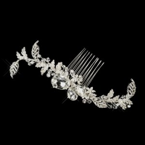 Silver Clear Rhinestone & Crystal Leaf Side Side Comb 5672