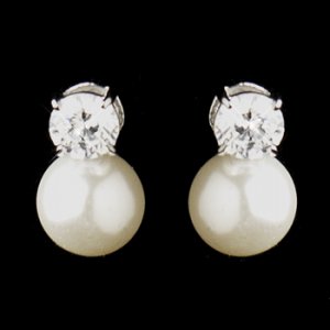 Silver Clear CZ Crystal & White Pearl Bridal Earrings 3534