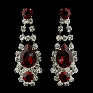 Silver Clear Crystal & Red Rhinestone Bridal Earrings 70013