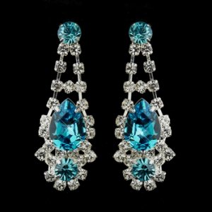 Silver Clear Crystal & Turquoise Rhinestone Bridal Earrings 70013