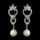 Antique Silver Ivory Pearl Drop & Clear CZ Crystal Bridal Earrings 9956