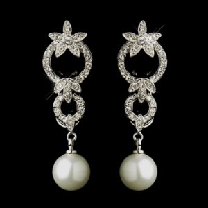 Antique Silver Ivory Pearl Drop & Clear CZ Crystal Bridal Earrings 9956