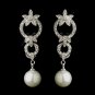 Antique Silver Ivory Pearl Drop & Clear CZ Crystal Bridal Earrings 9956