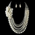 Silver Ivory Pearl & Austrian Crystal Flower Necklace 8769 & Earrings 8253 Bridal Jewelry Set