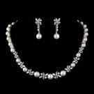 Silver Ivory Pearl and Clear CZ Stone Necklace 8765 & Earrings 8765