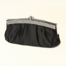 Black Satin Evening Bag 322 with Crystal Trim Accent & Closure, Silver Shoulder Strap