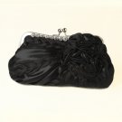 Black Braided Ruffle Floral Rhinestone Evening Bag 328 with Silver Frame & Shoulder Strap