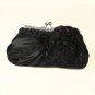 Black Braided Ruffle Floral Rhinestone Evening Bag 328 with Silver Frame & Shoulder Strap