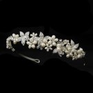 Silver Ivory Pearl & Clear Rhinestone Floral Side Accented Bridal Headpiece 1125