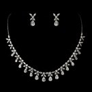 Antique Silver Clear Tear Drop Stone Floral Necklace & Earrings Bridal Jewelry Set 3858