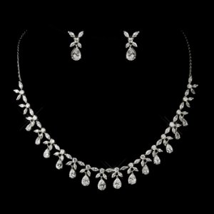 Antique Silver Clear Tear Drop Stone Floral Necklace & Earrings Bridal Jewelry Set 3858